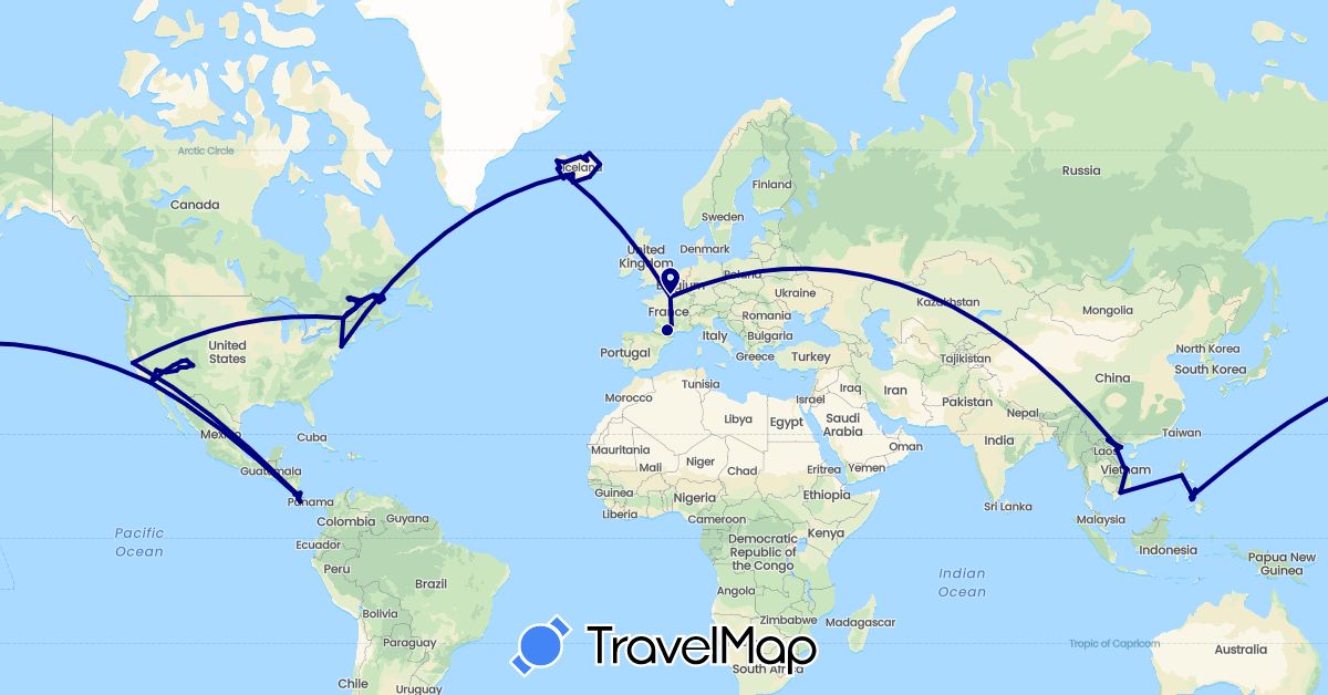 TravelMap itinerary: driving in Canada, Costa Rica, France, Iceland, Philippines, United States, Vietnam (Asia, Europe, North America)